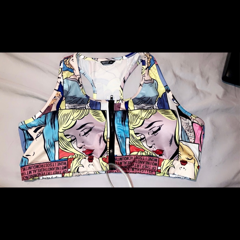Comic book print front zipper racerback sportsbra